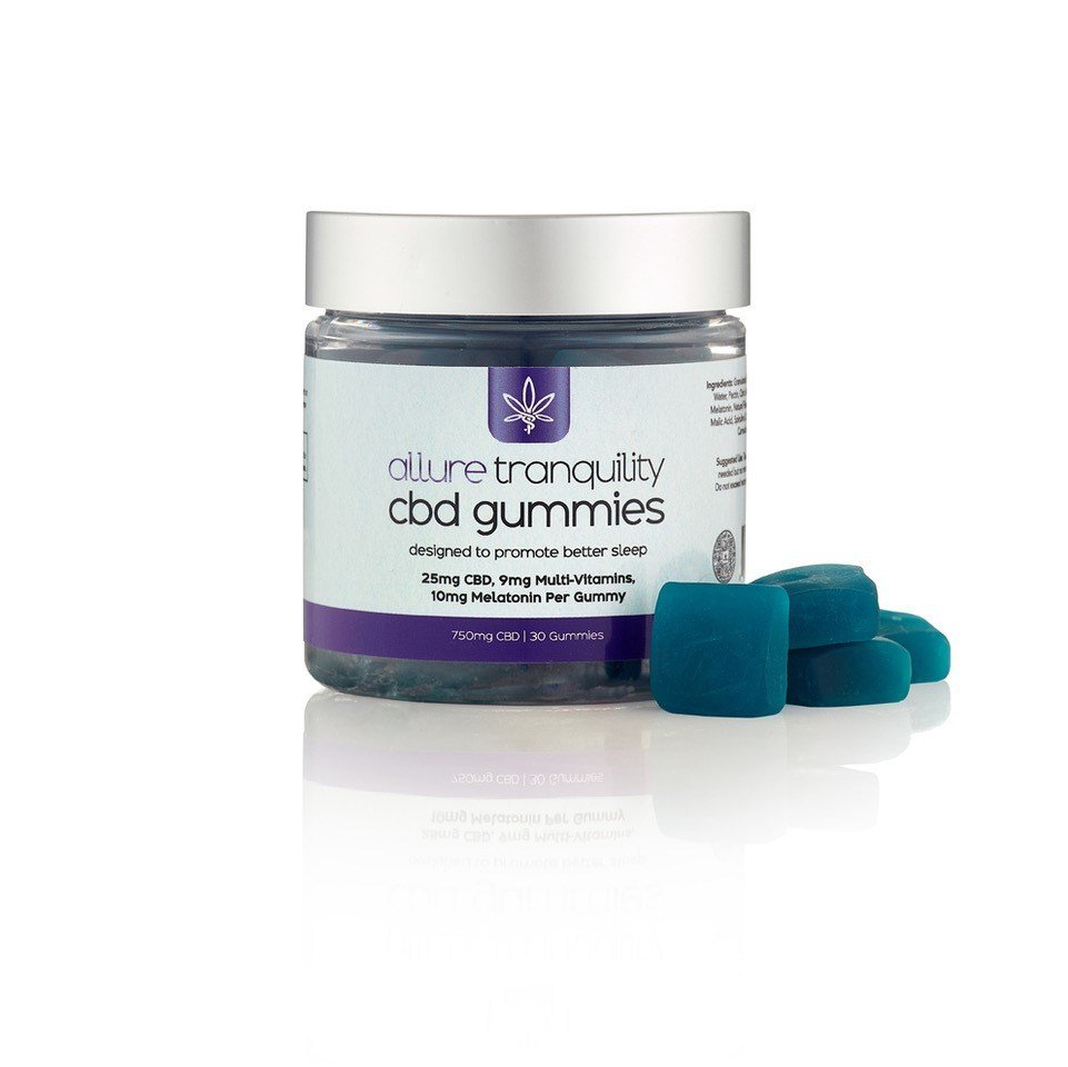 Allure Tranquility Sleep CBD Gummies 25 mg CBD, 10 mg melatonin, 9 mg multi-vitamin per dose, a great sleep aide Allure Tranquility Sleep CBD Gummies 25 mg CBD, 10 mg melatonin, 9 mg multi-vitamin per dose, a great sleep aide